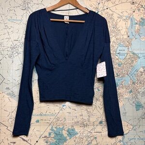 Free People 4 Am Sky Deep V Cropped Long Sleeve Top
